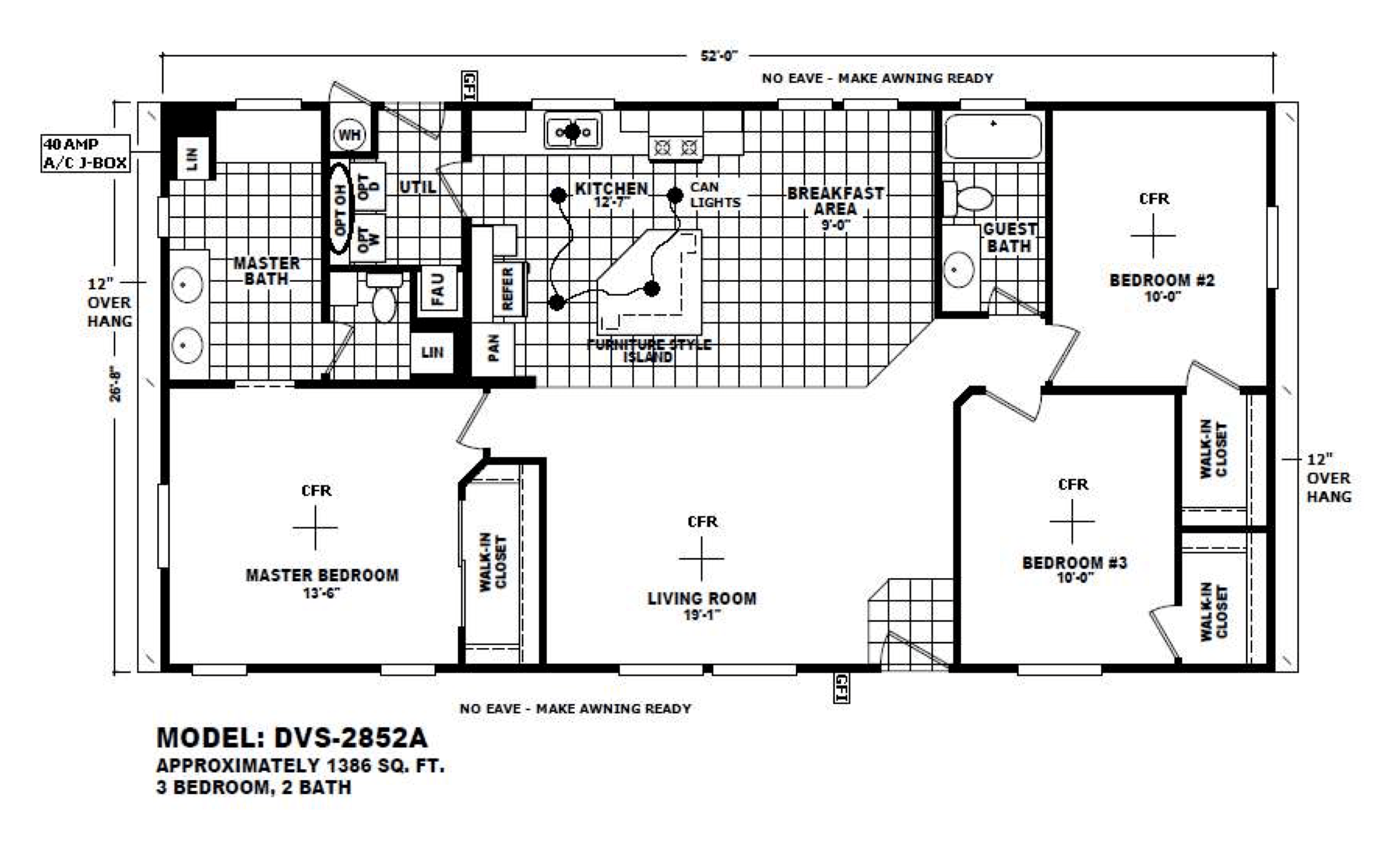 Floor plan for 3 beds, 2 baths, 1386 sqft